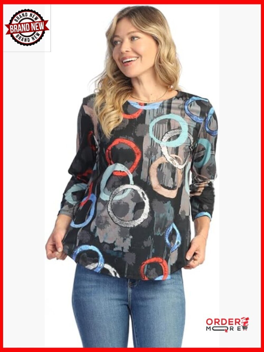 Soft-Touch Round Hem Tunic Top 3/4 Sleeve Stretchy
